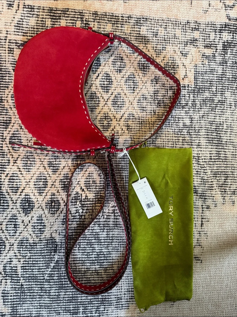 Tory Burch Romy Half Moon Shoulder Bag Suede Red OS - Picture 4 of 8